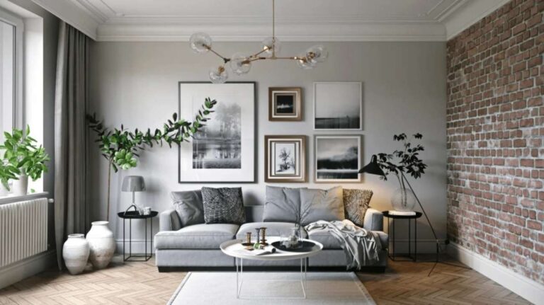 çıplak tuğla duvarlı oturma odası, ahşap zeminler, nötr gri tonlarında dekor