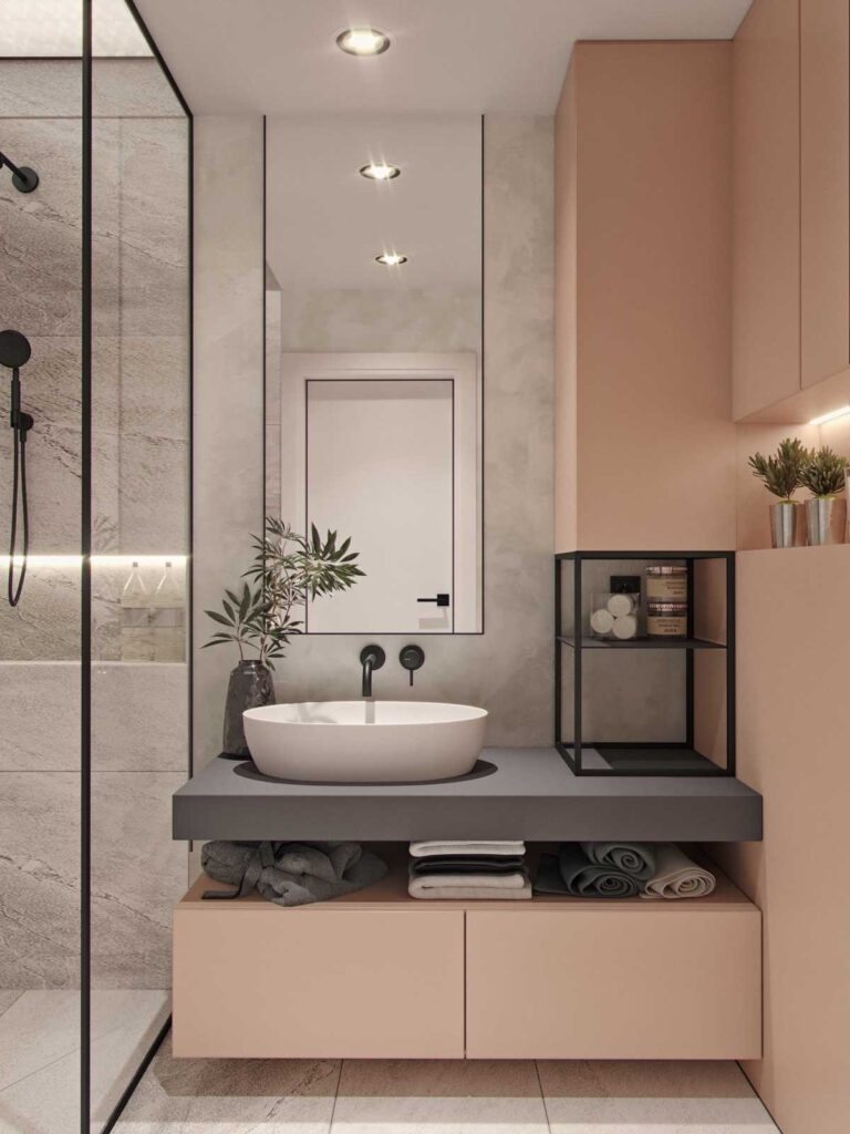 Somon pembesi duvarlı banyo, dekoratif bitkili mikro beton tezgah ve metal raflar